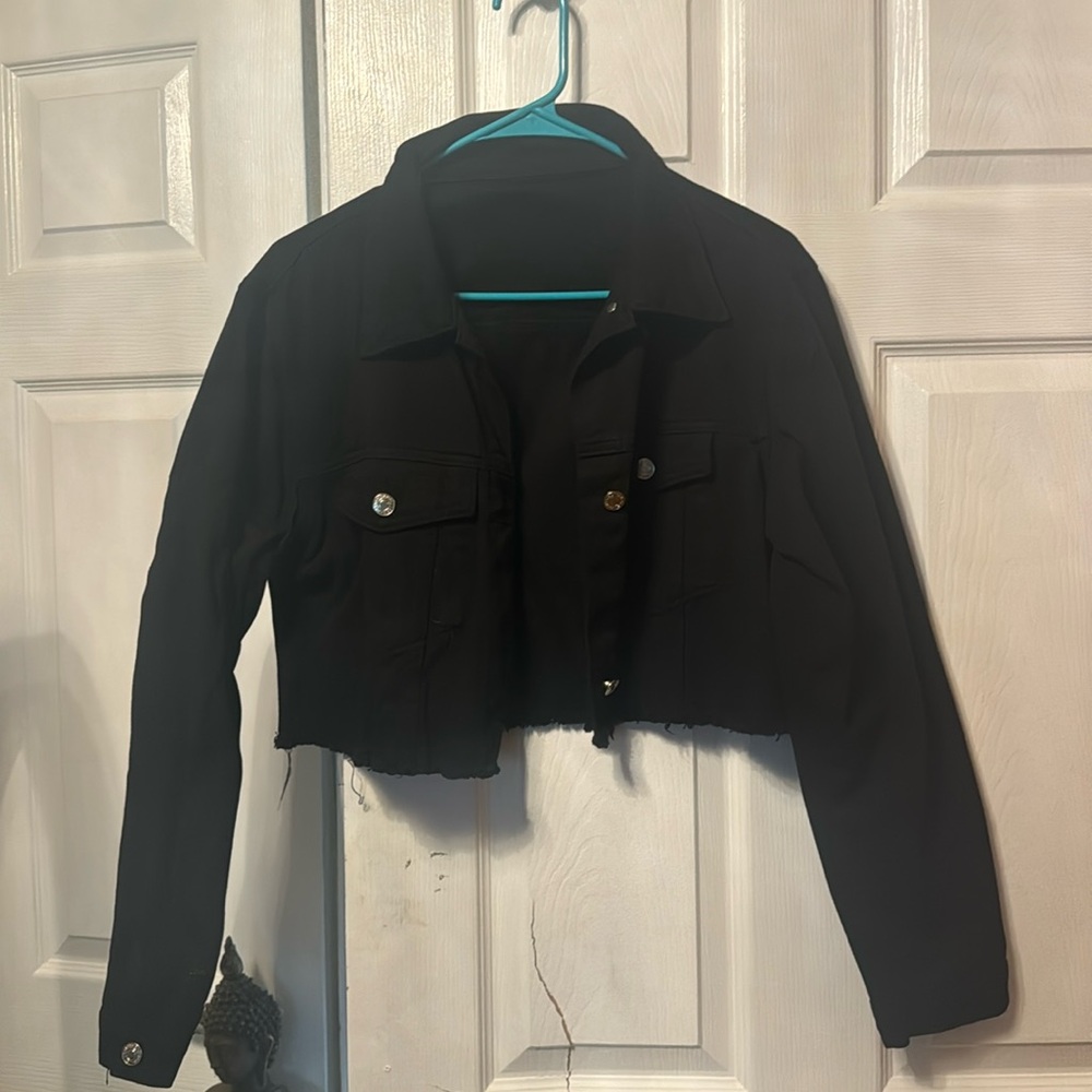 size, large black, jean jacket crop top